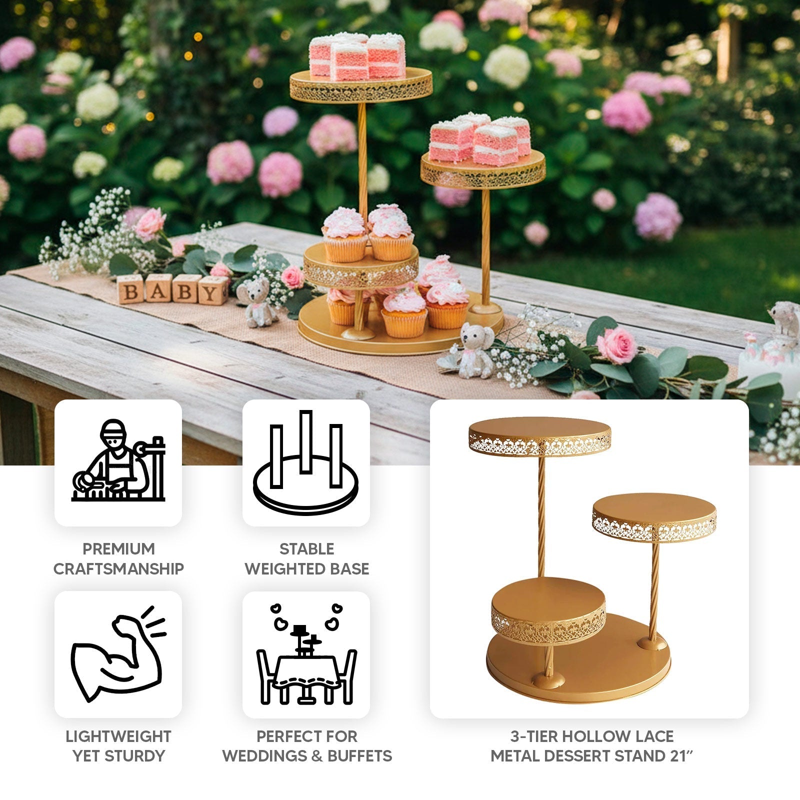 3 - Tier Dessert Stand Hollow Lace Round Design Gold - Cupcake Tower and Tiered Cake Display Metal 21" - Bell Racket Store
