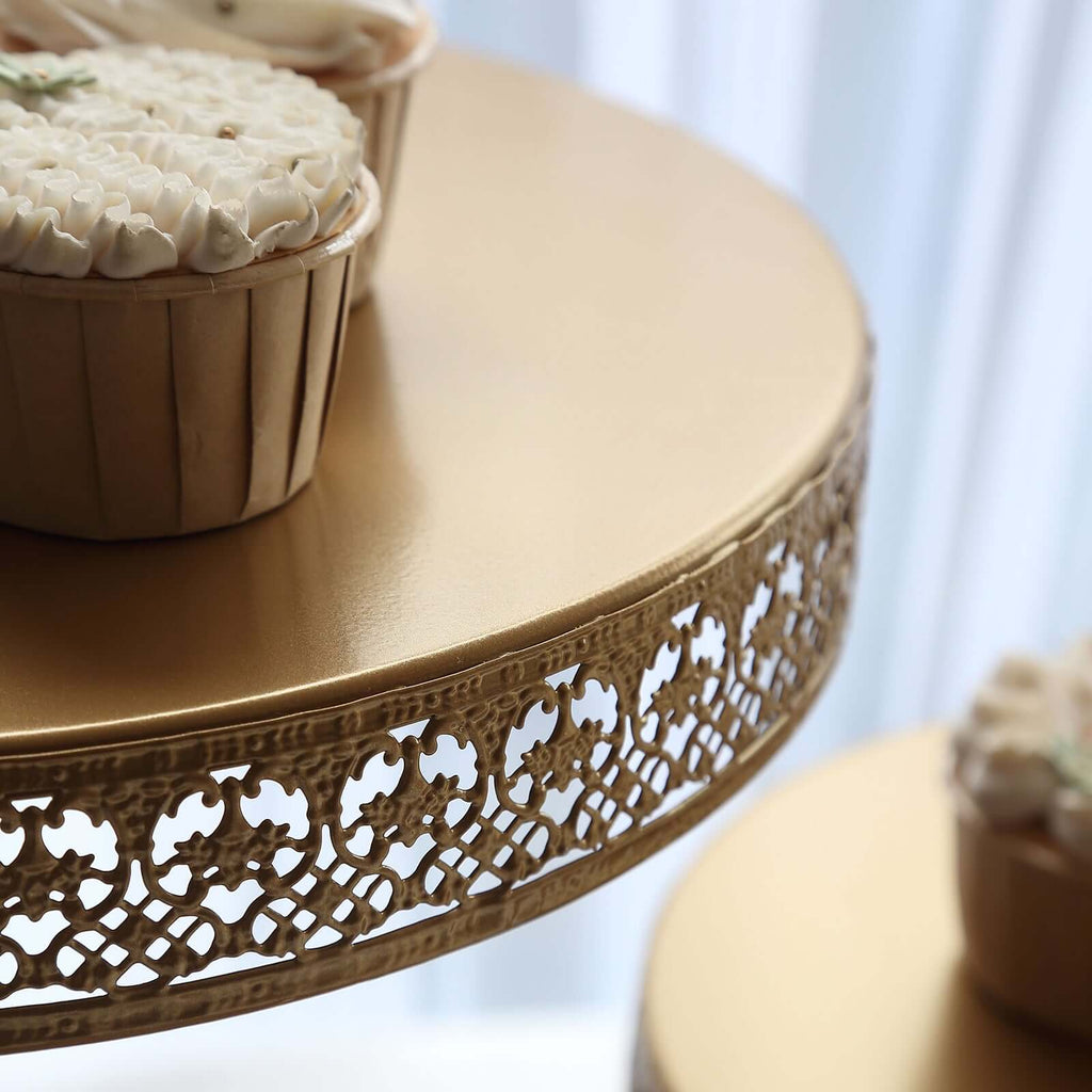 3 - Tier Dessert Stand Hollow Lace Round Design Gold - Cupcake Tower and Tiered Cake Display Metal 21" - Bell Racket Store