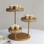 3 - Tier Dessert Stand Hollow Lace Round Design Gold - Cupcake Tower and Tiered Cake Display Metal 21" - Bell Racket Store