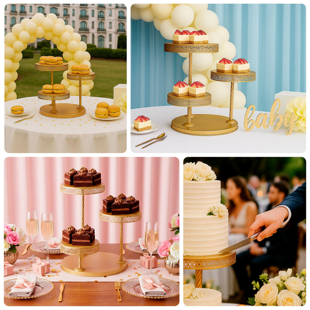 3 - Tier Dessert Stand Hollow Lace Round Design Gold - Cupcake Tower and Tiered Cake Display Metal 21" - Bell Racket Store