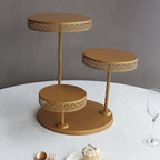 3 - Tier Dessert Stand Hollow Lace Round Design Gold - Cupcake Tower and Tiered Cake Display Metal 21" - Bell Racket Store