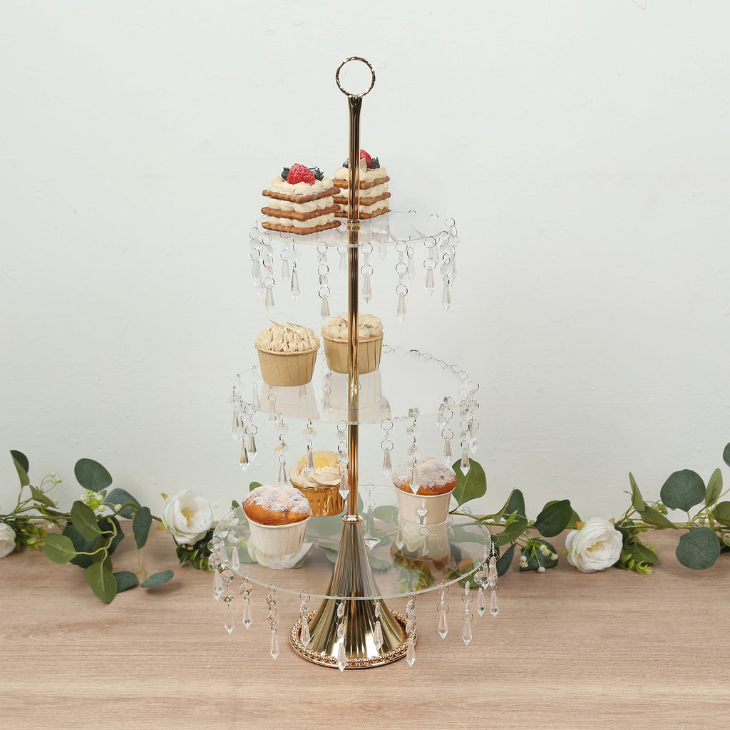 3 - Tier Gold Cupcake Stand â€“ 2ft Acrylic and Metal Dessert Display Tower with Hanging Crystals - Bell Racket Store