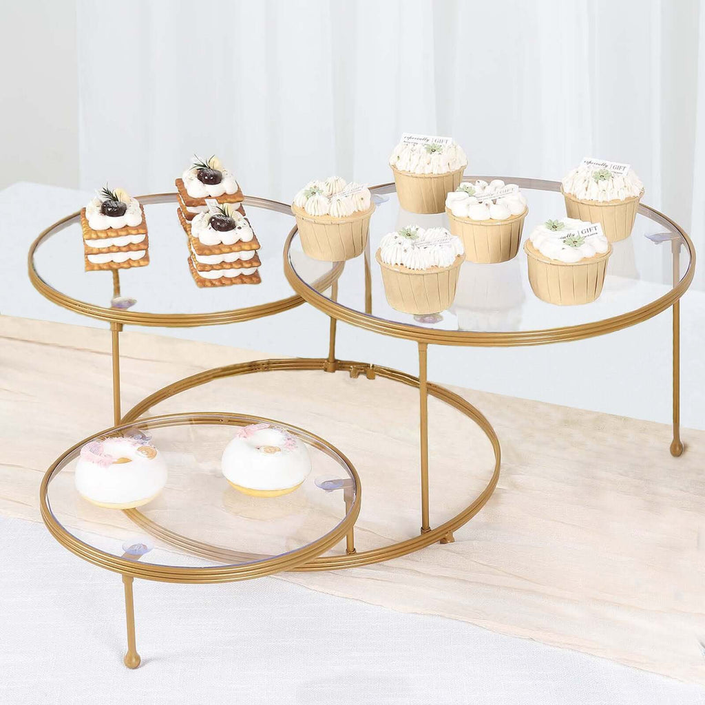 3-Tier Metal Cupcake Stand with Clear Round Acrylic Plates Gold - Dessert Cake Display Holder 23"