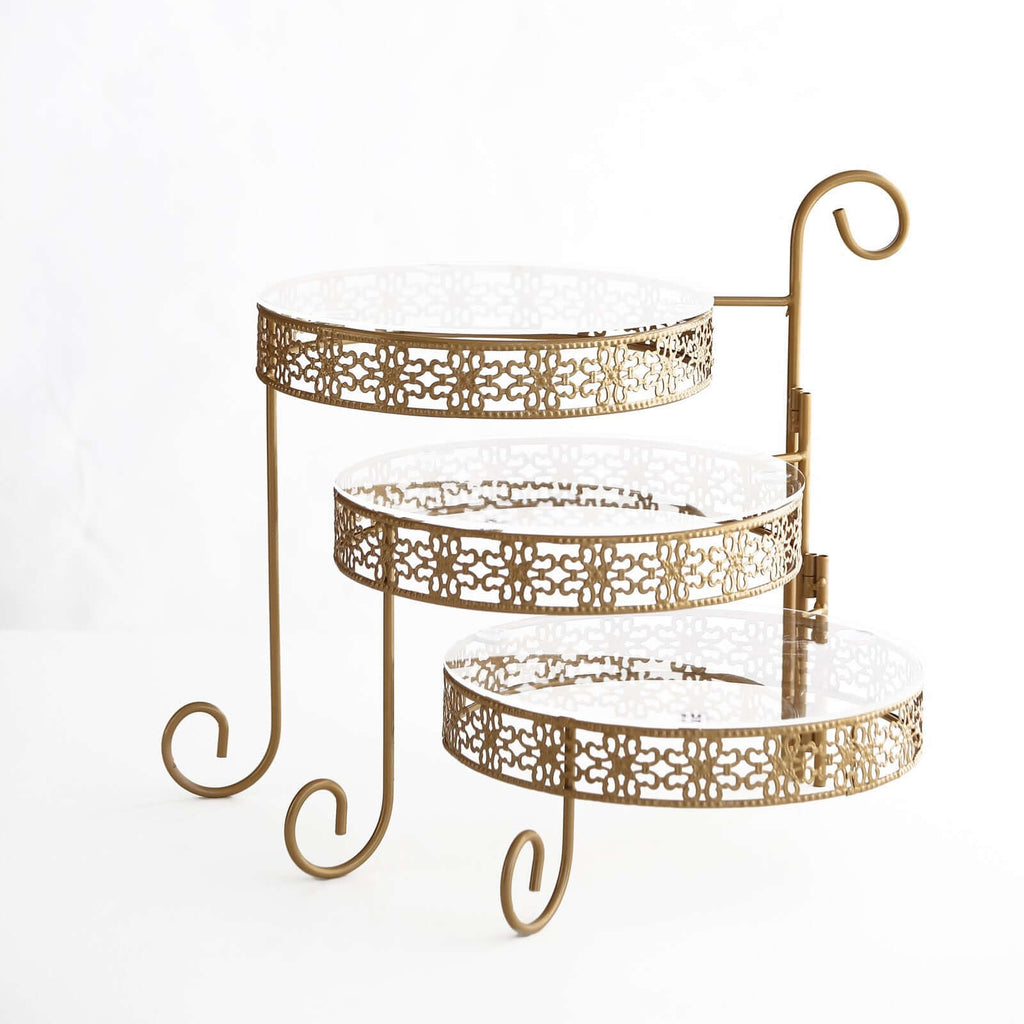 3 - Tier Metal Rotating Cupcake Stand with Clear Acrylic Round Plates Gold - Hollow Lace Design Dessert Display 28" - Bell Racket Store