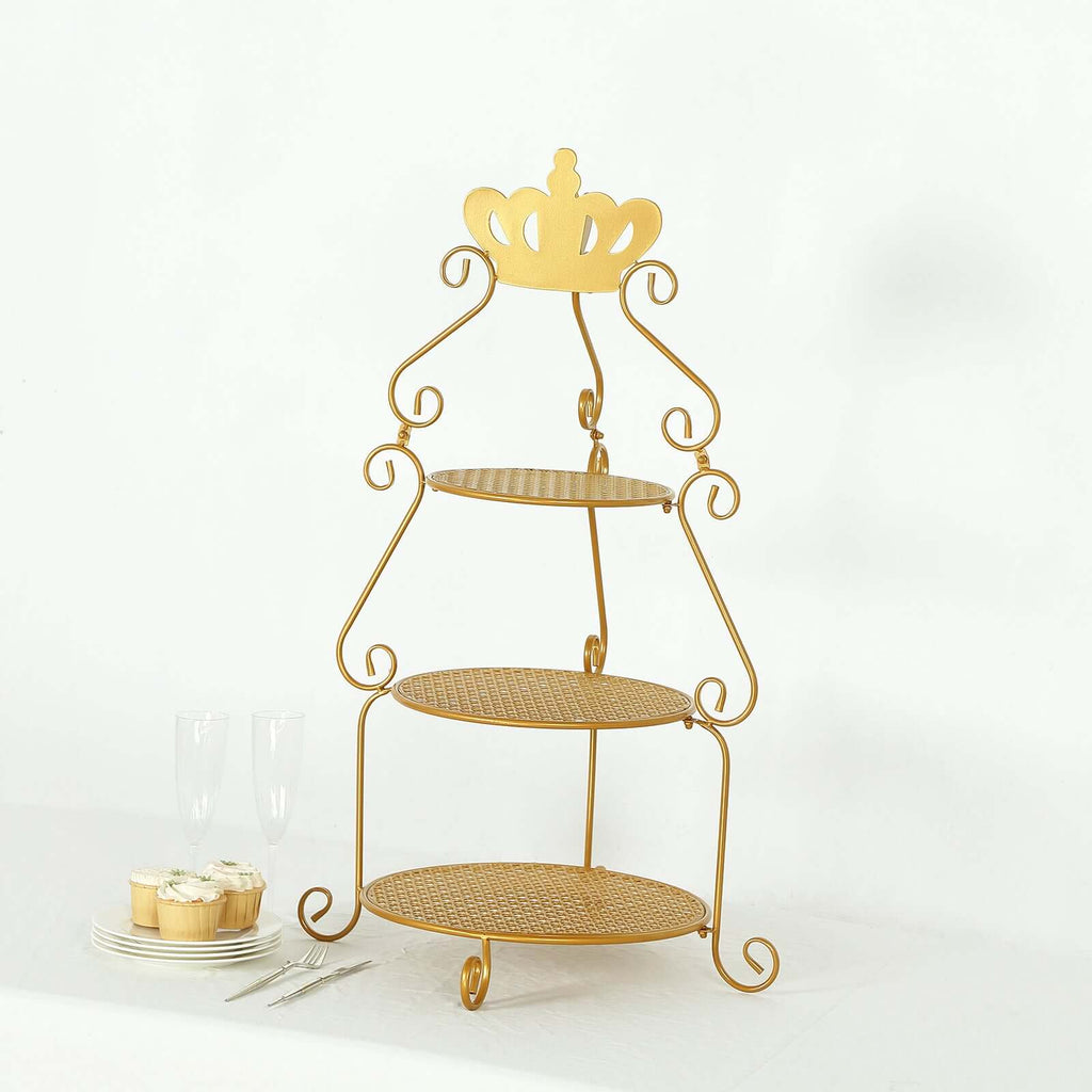 3 Tier Metal Round Cake Stand 32" Gold with Crown Top - Easy To Assemble Cupcake Holder Dessert Display Stand for Sophisticated Tea Parties Buffet Tables & Special Occasions - Bell Racket Store