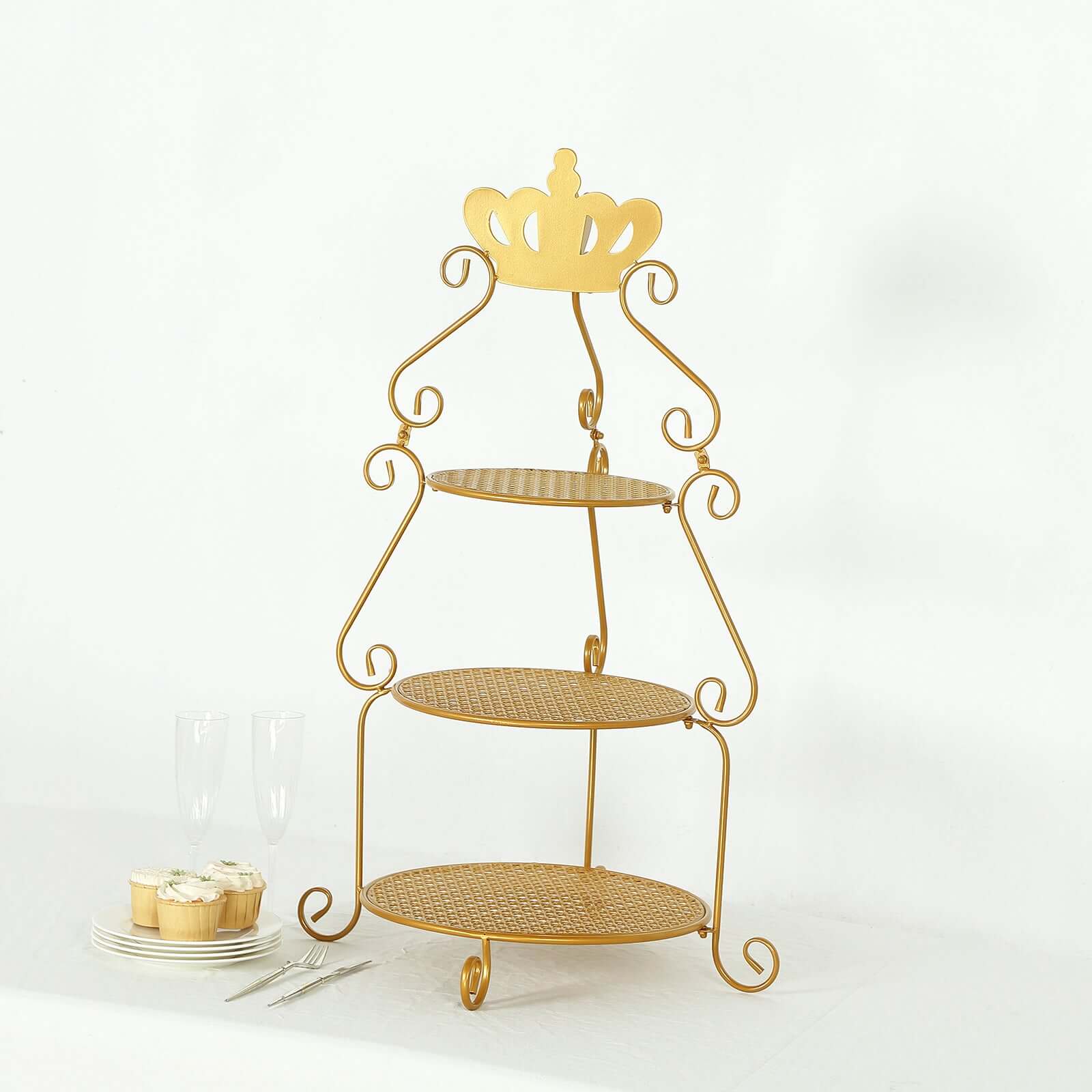 3 Tier Metal Round Cake Stand 32" Gold with Crown Top - Easy To Assemble Cupcake Holder Dessert Display Stand for Sophisticated Tea Parties Buffet Tables & Special Occasions - Bell Racket Store
