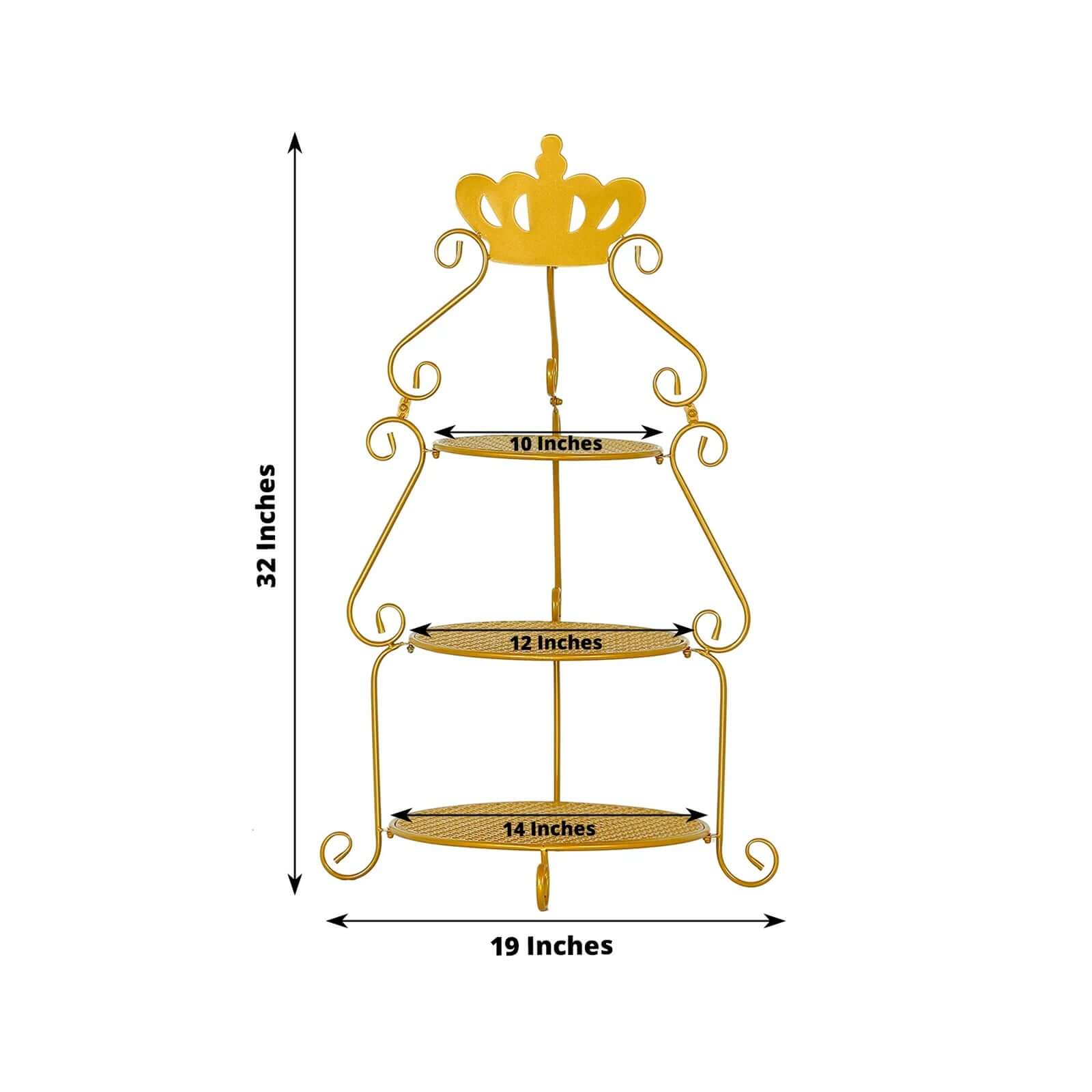 3 Tier Metal Round Cake Stand 32" Gold with Crown Top - Easy To Assemble Cupcake Holder Dessert Display Stand for Sophisticated Tea Parties Buffet Tables & Special Occasions - Bell Racket Store