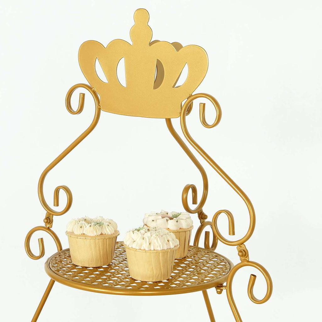 3 Tier Metal Round Cake Stand 32" Gold with Crown Top - Easy To Assemble Cupcake Holder Dessert Display Stand for Sophisticated Tea Parties Buffet Tables & Special Occasions - Bell Racket Store