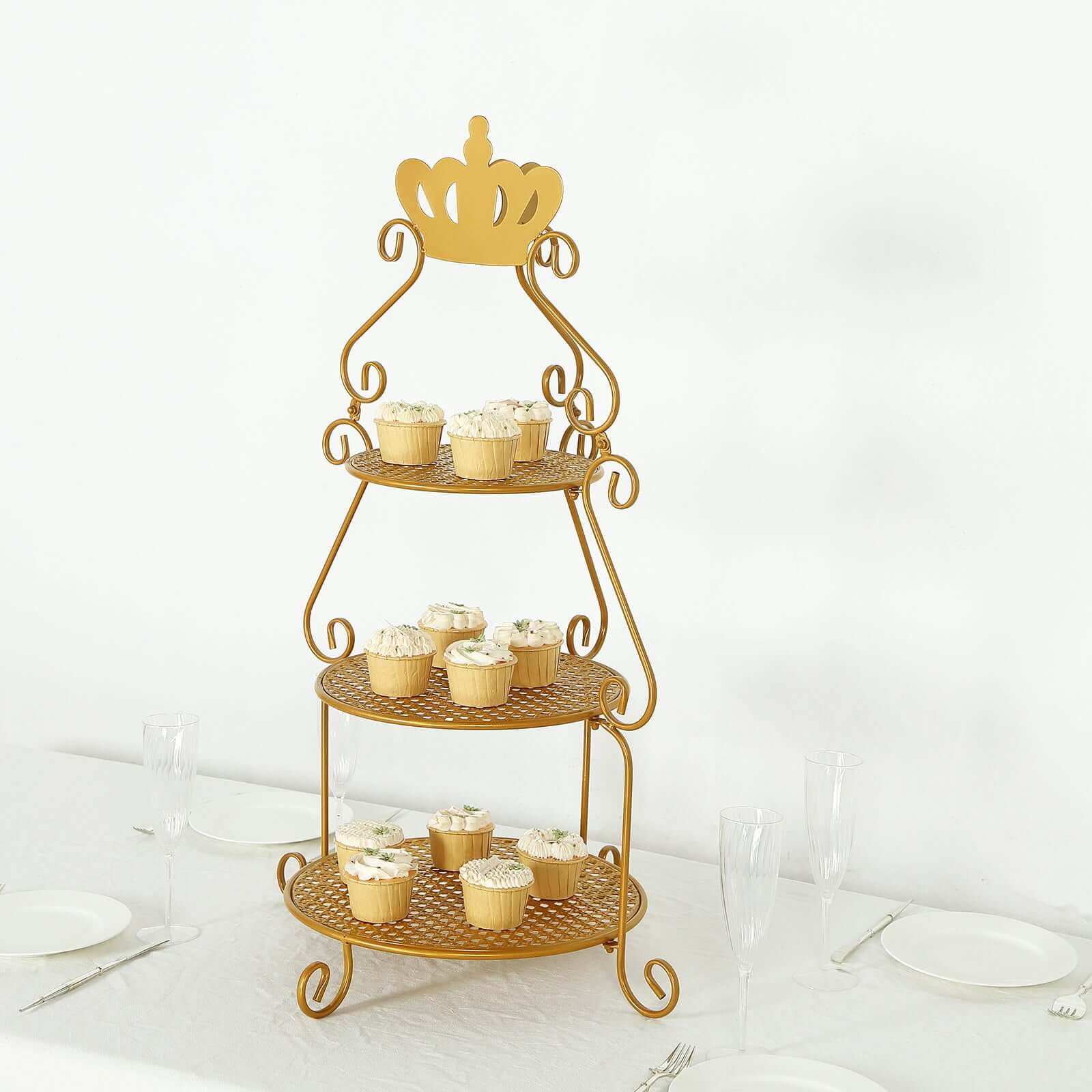 3 Tier Metal Round Cake Stand 32" Gold with Crown Top - Easy To Assemble Cupcake Holder Dessert Display Stand for Sophisticated Tea Parties Buffet Tables & Special Occasions - Bell Racket Store