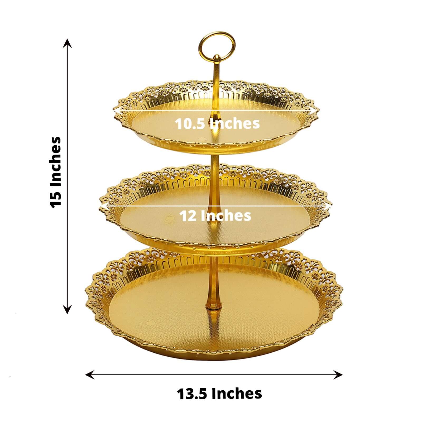 3 - Tier Plastic Round Cupcake Stand 15" Metallic Gold with Lace Scalloped Edges - Bell Racket Store