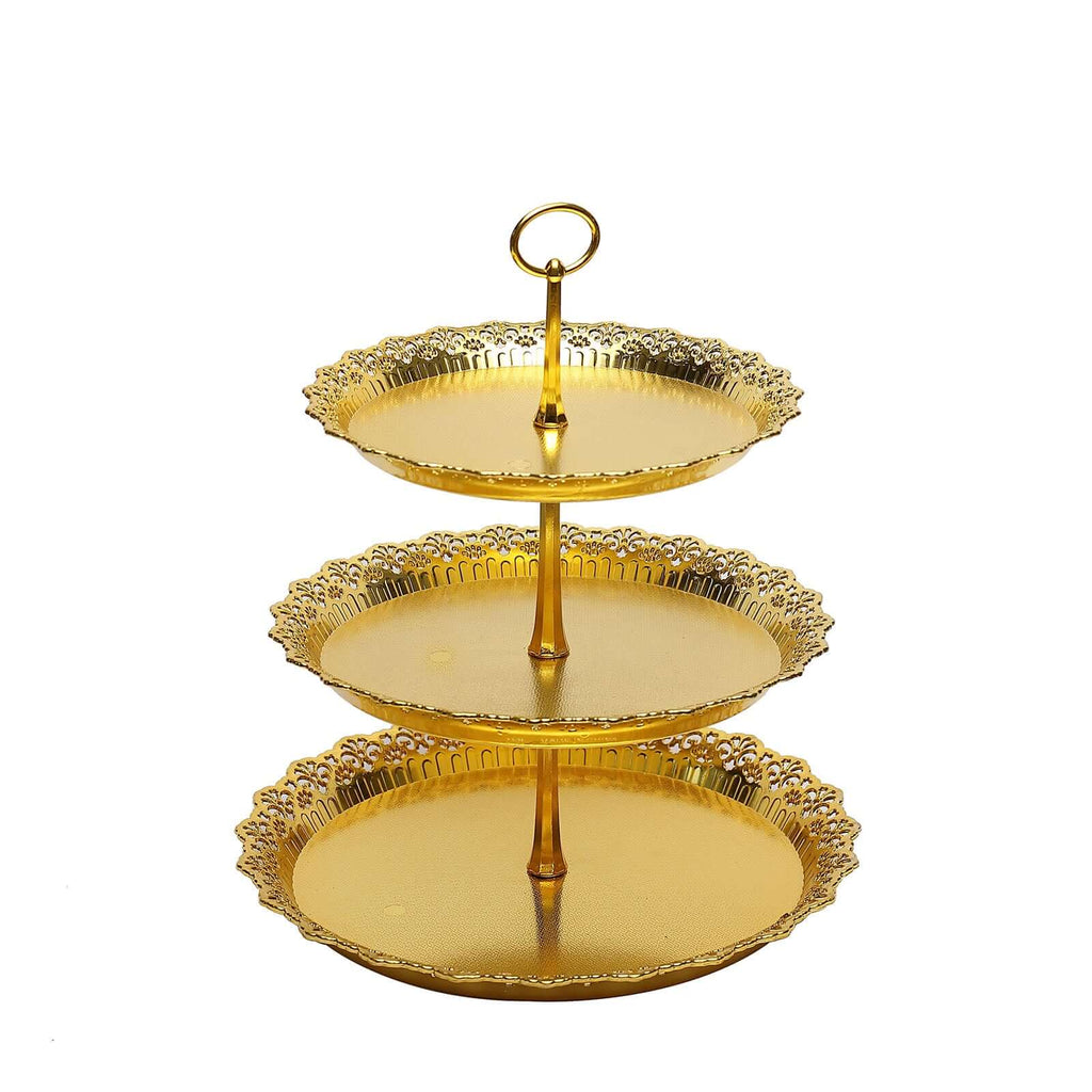 3 - Tier Plastic Round Cupcake Stand 15" Metallic Gold with Lace Scalloped Edges - Bell Racket Store