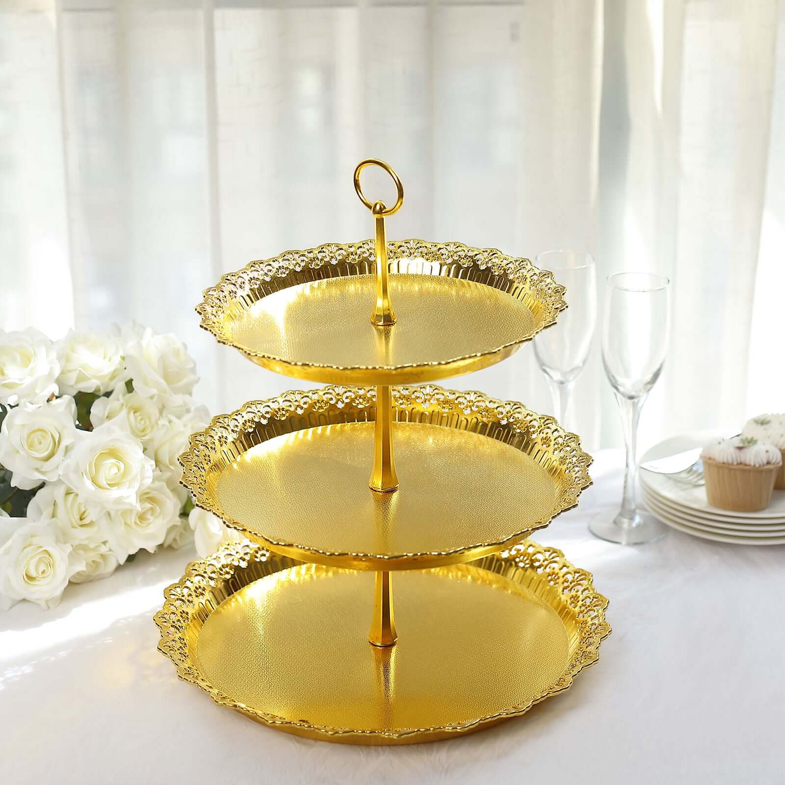 3 - Tier Plastic Round Cupcake Stand 15" Metallic Gold with Lace Scalloped Edges - Bell Racket Store