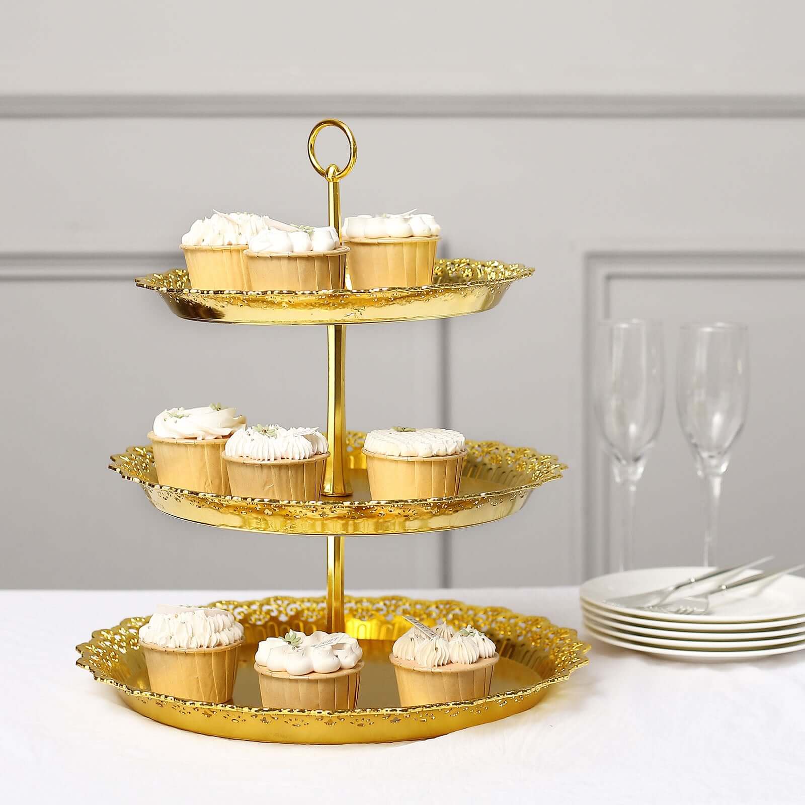 3 - Tier Plastic Round Cupcake Stand 15" Metallic Gold with Lace Scalloped Edges - Bell Racket Store
