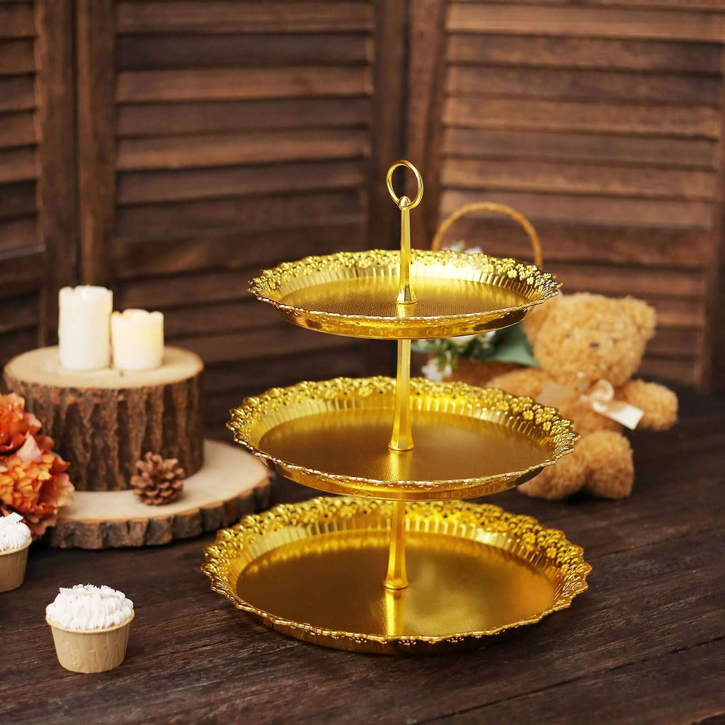 3 - Tier Plastic Round Cupcake Stand 15" Metallic Gold with Lace Scalloped Edges - Bell Racket Store