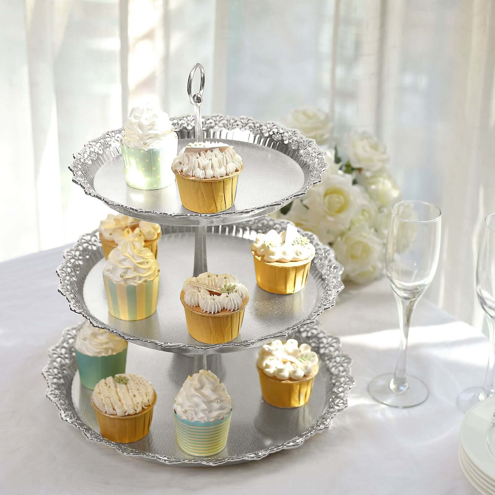 3 - Tier Plastic Round Cupcake Stand 15" Metallic Silver with Lace Scalloped Edges - Bell Racket Store