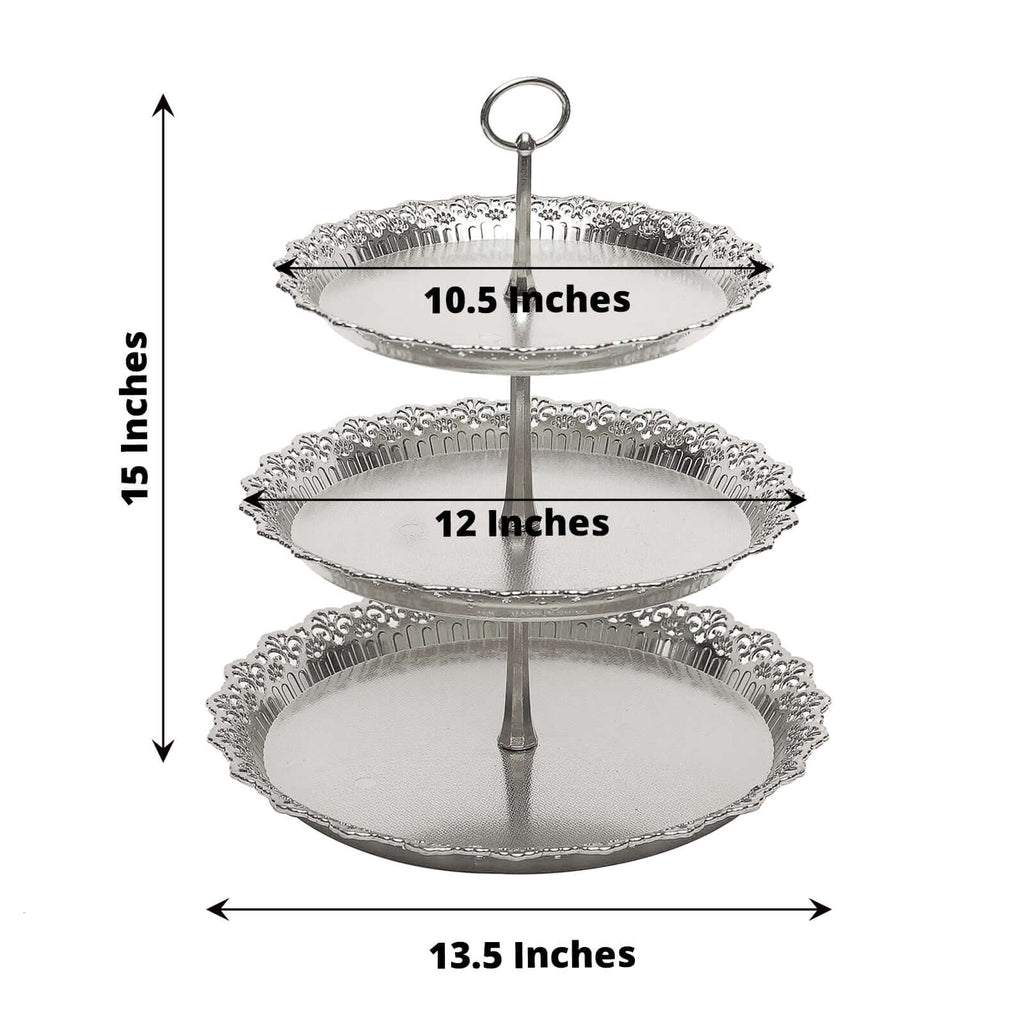 3 - Tier Plastic Round Cupcake Stand 15" Metallic Silver with Lace Scalloped Edges - Bell Racket Store