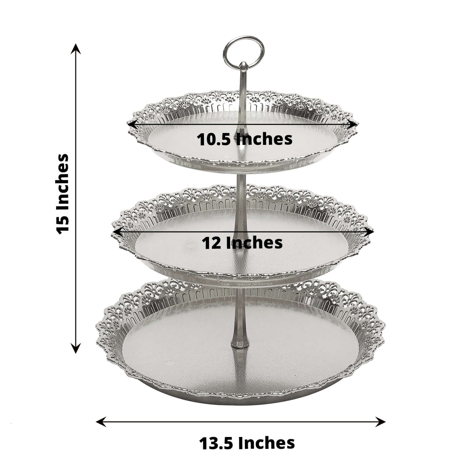 3 - Tier Plastic Round Cupcake Stand 15" Metallic Silver with Lace Scalloped Edges - Bell Racket Store