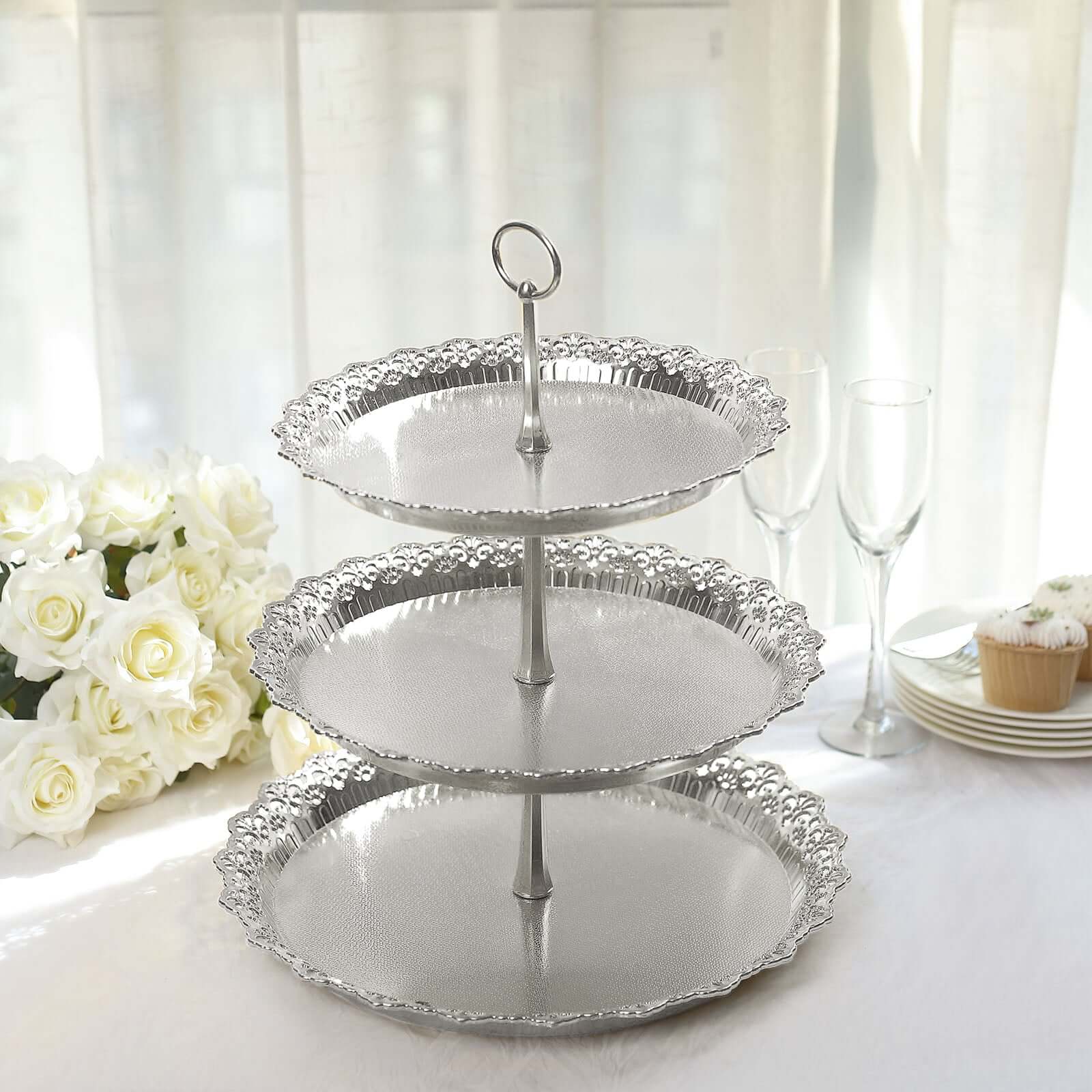 3 - Tier Plastic Round Cupcake Stand 15" Metallic Silver with Lace Scalloped Edges - Bell Racket Store