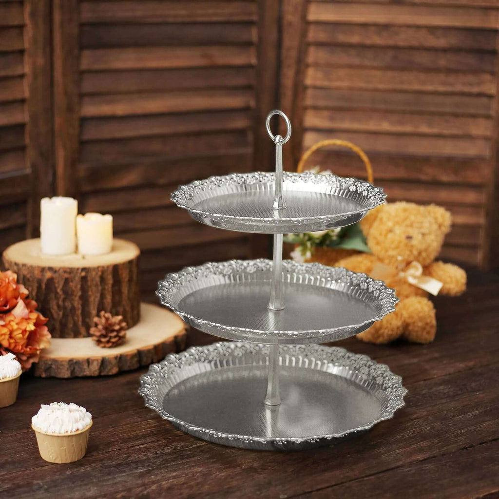 3 - Tier Plastic Round Cupcake Stand 15" Metallic Silver with Lace Scalloped Edges - Bell Racket Store