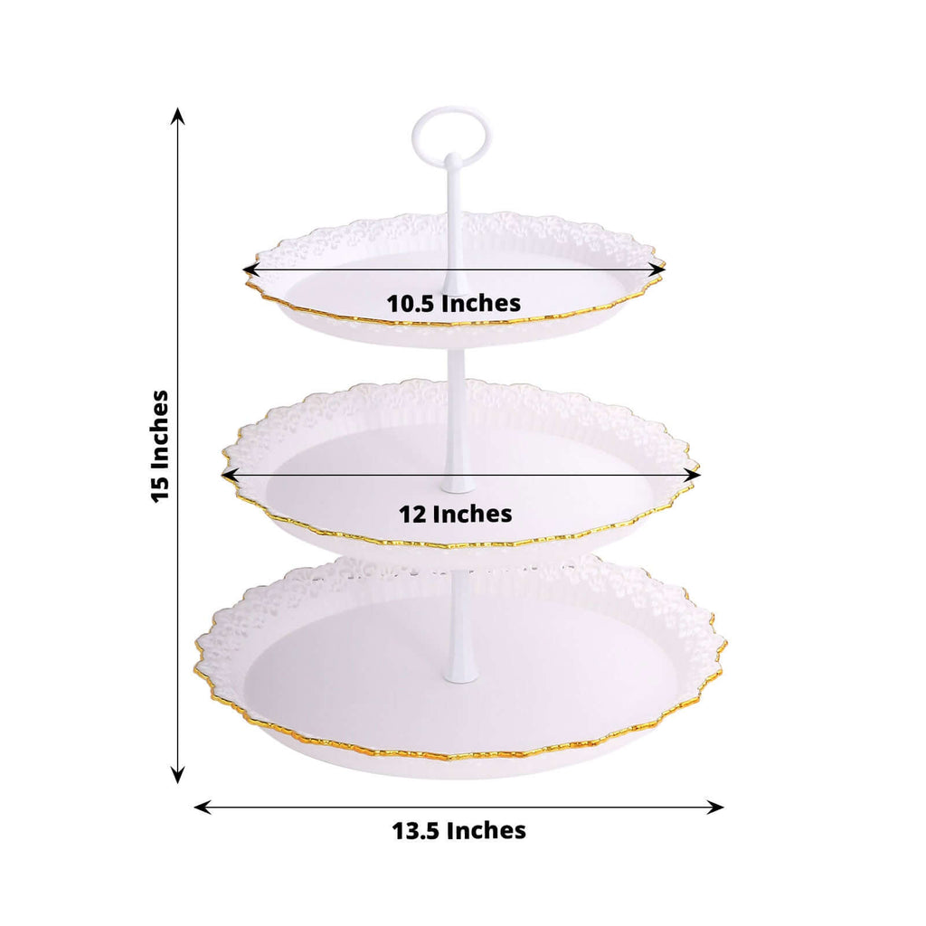 3 - Tier Plastic Round Cupcake Stand 15" White with Lace Gold Rim Scalloped Edges - Bell Racket Store