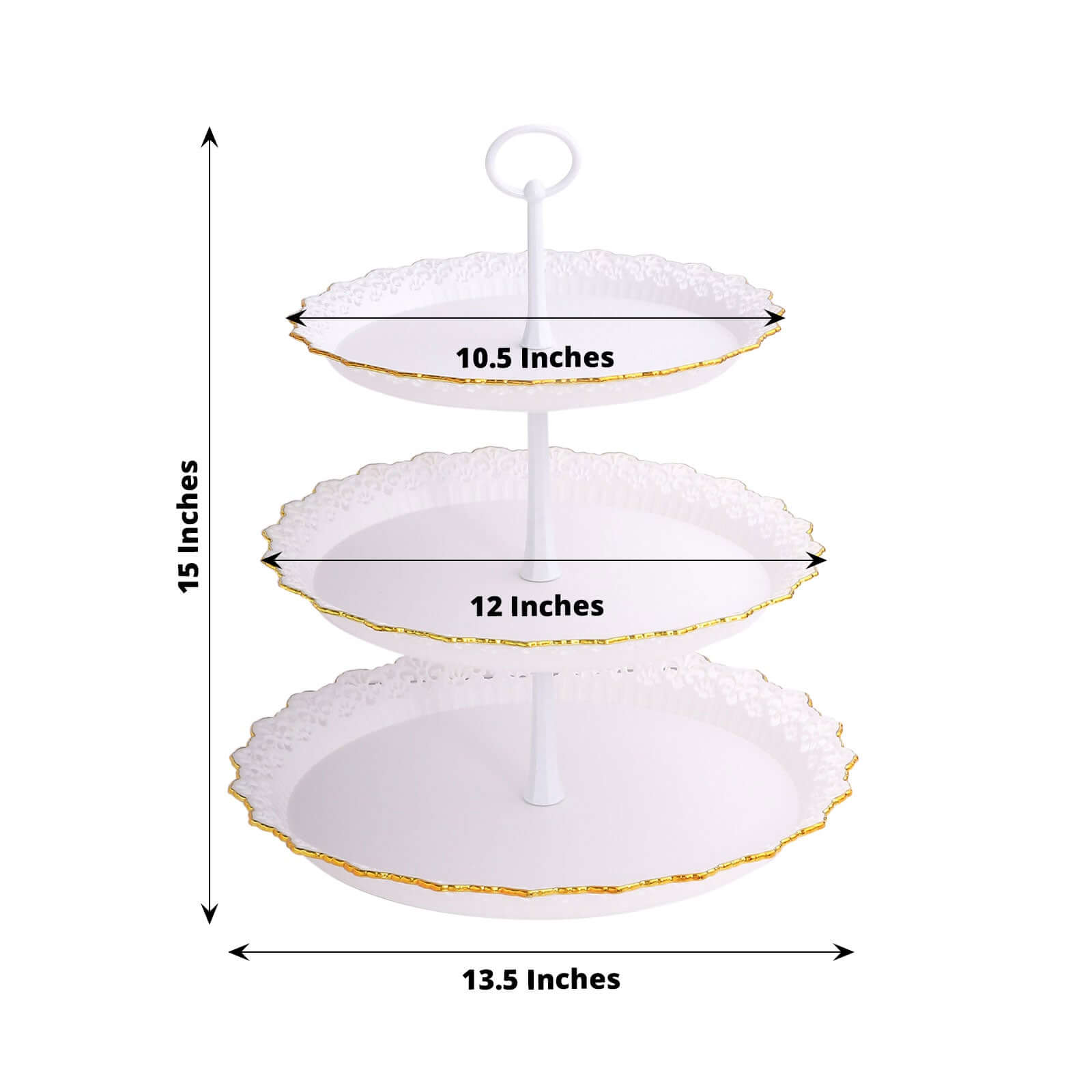 3 - Tier Plastic Round Cupcake Stand 15" White with Lace Gold Rim Scalloped Edges - Bell Racket Store