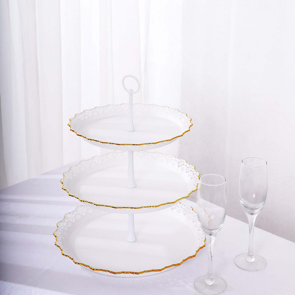 3 - Tier Plastic Round Cupcake Stand 15" White with Lace Gold Rim Scalloped Edges - Bell Racket Store