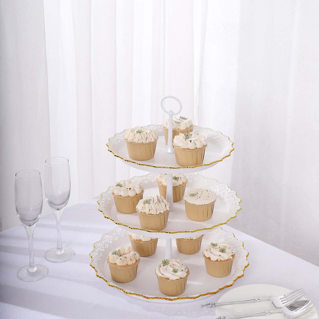 3 - Tier Plastic Round Cupcake Stand 15" White with Lace Gold Rim Scalloped Edges - Bell Racket Store