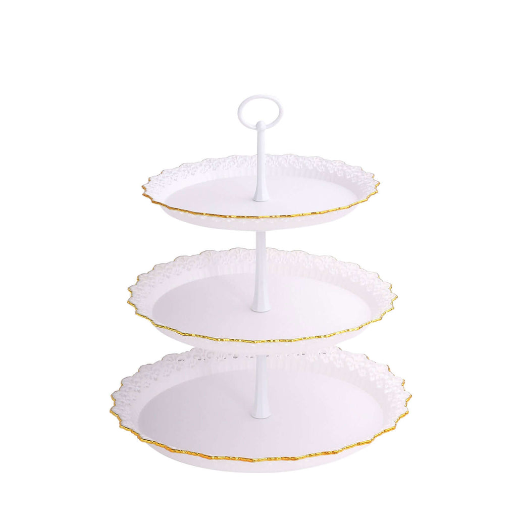 3 - Tier Plastic Round Cupcake Stand 15" White with Lace Gold Rim Scalloped Edges - Bell Racket Store