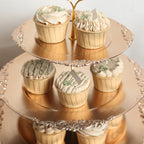 3 - Tier Plastic Round Cupcake Stand Metallic Gold - Vintage - Inspired Reusable Dessert Display Holder Tea Party Serving Tray Platter with Baroque Rim & Top Handle 13" - Bell Racket Store
