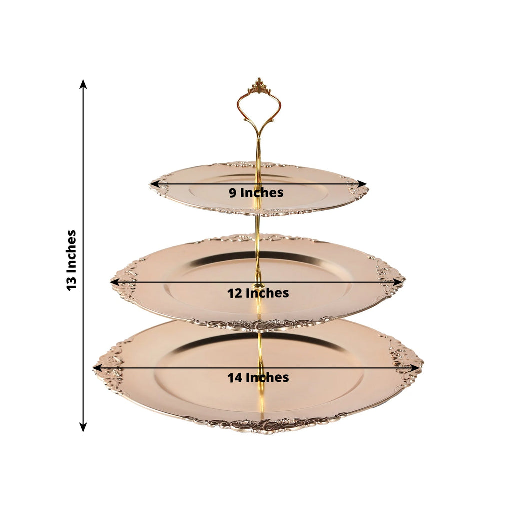 3 - Tier Plastic Round Cupcake Stand Metallic Gold - Vintage - Inspired Reusable Dessert Display Holder Tea Party Serving Tray Platter with Baroque Rim & Top Handle 13" - Bell Racket Store