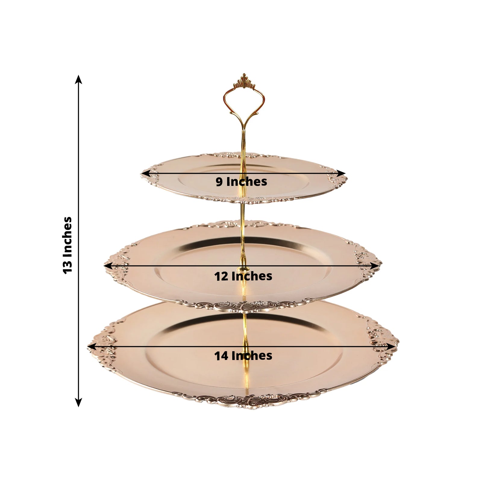 3 - Tier Plastic Round Cupcake Stand Metallic Gold - Vintage - Inspired Reusable Dessert Display Holder Tea Party Serving Tray Platter with Baroque Rim & Top Handle 13" - Bell Racket Store