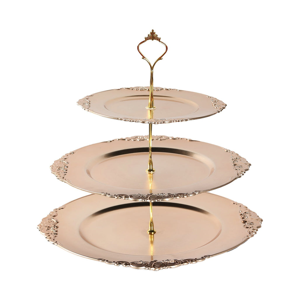 3 - Tier Plastic Round Cupcake Stand Metallic Gold - Vintage - Inspired Reusable Dessert Display Holder Tea Party Serving Tray Platter with Baroque Rim & Top Handle 13" - Bell Racket Store