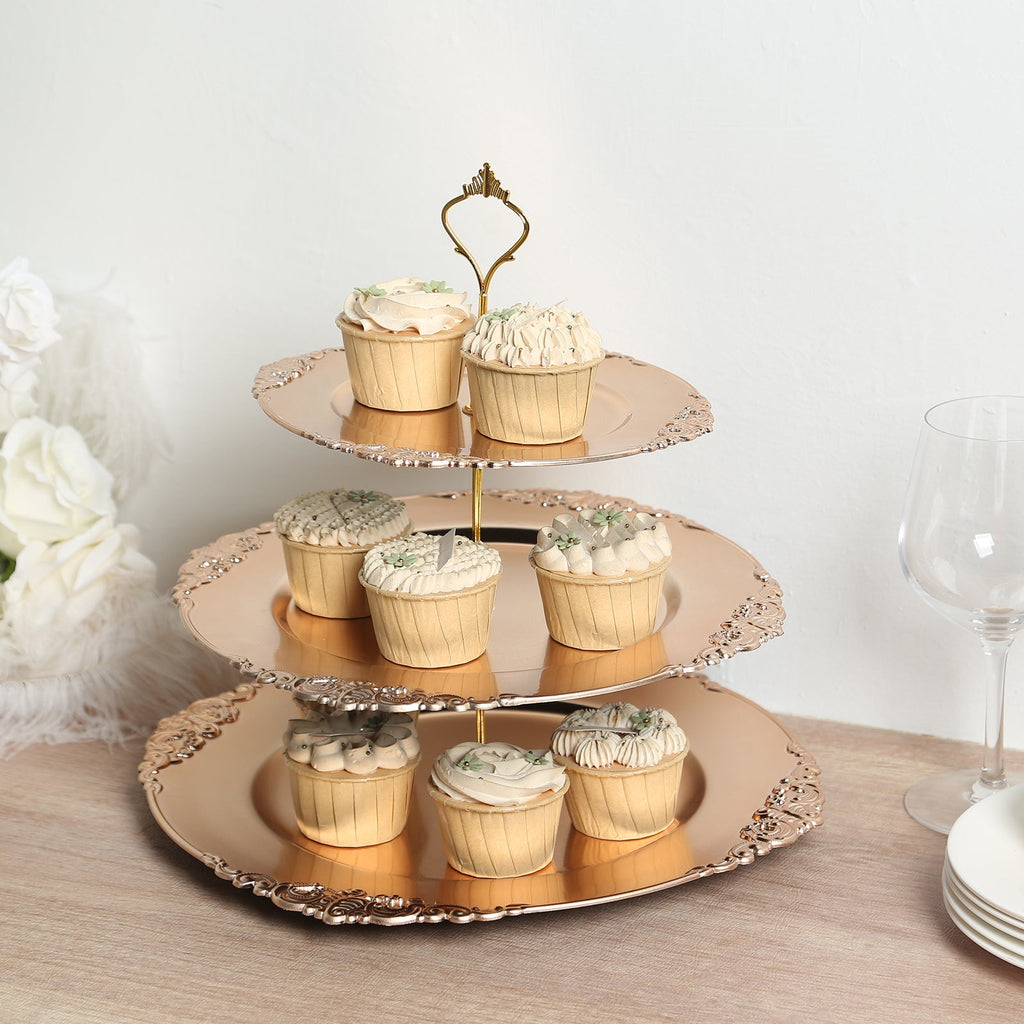 3 - Tier Plastic Round Cupcake Stand Metallic Gold - Vintage - Inspired Reusable Dessert Display Holder Tea Party Serving Tray Platter with Baroque Rim & Top Handle 13" - Bell Racket Store