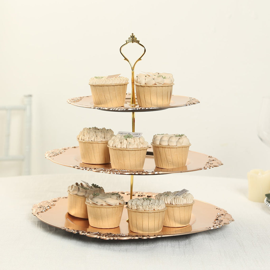 3 - Tier Plastic Round Cupcake Stand Metallic Gold - Vintage - Inspired Reusable Dessert Display Holder Tea Party Serving Tray Platter with Baroque Rim & Top Handle 13" - Bell Racket Store