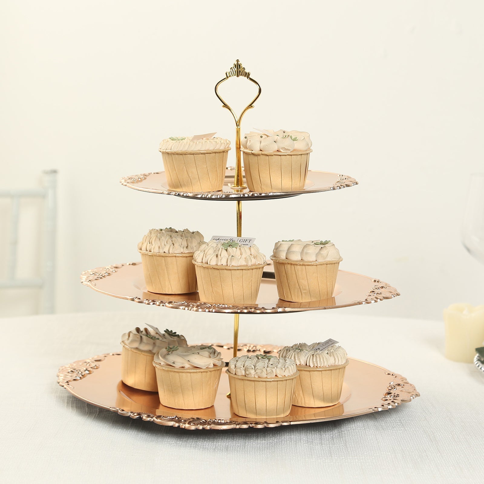 3 - Tier Plastic Round Cupcake Stand Metallic Gold - Vintage - Inspired Reusable Dessert Display Holder Tea Party Serving Tray Platter with Baroque Rim & Top Handle 13" - Bell Racket Store