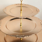 3 - Tier Plastic Round Cupcake Stand Metallic Gold - Vintage - Inspired Reusable Dessert Display Holder Tea Party Serving Tray Platter with Baroque Rim & Top Handle 13" - Bell Racket Store