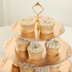 3 - Tier Plastic Round Cupcake Stand Metallic Gold - Vintage - Inspired Reusable Dessert Display Holder Tea Party Serving Tray Platter with Baroque Rim & Top Handle 13" - Bell Racket Store