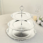 3 - Tier Plastic Round Cupcake Stand Metallic Silver with Baroque Rim & Top Handle 13" - Bell Racket Store