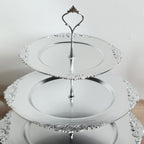 3 - Tier Plastic Round Cupcake Stand Metallic Silver with Baroque Rim & Top Handle 13" - Bell Racket Store
