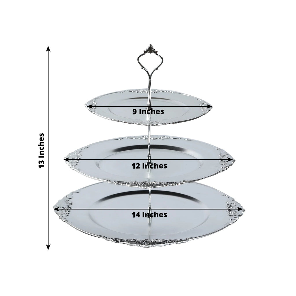 3 - Tier Plastic Round Cupcake Stand Metallic Silver with Baroque Rim & Top Handle 13" - Bell Racket Store