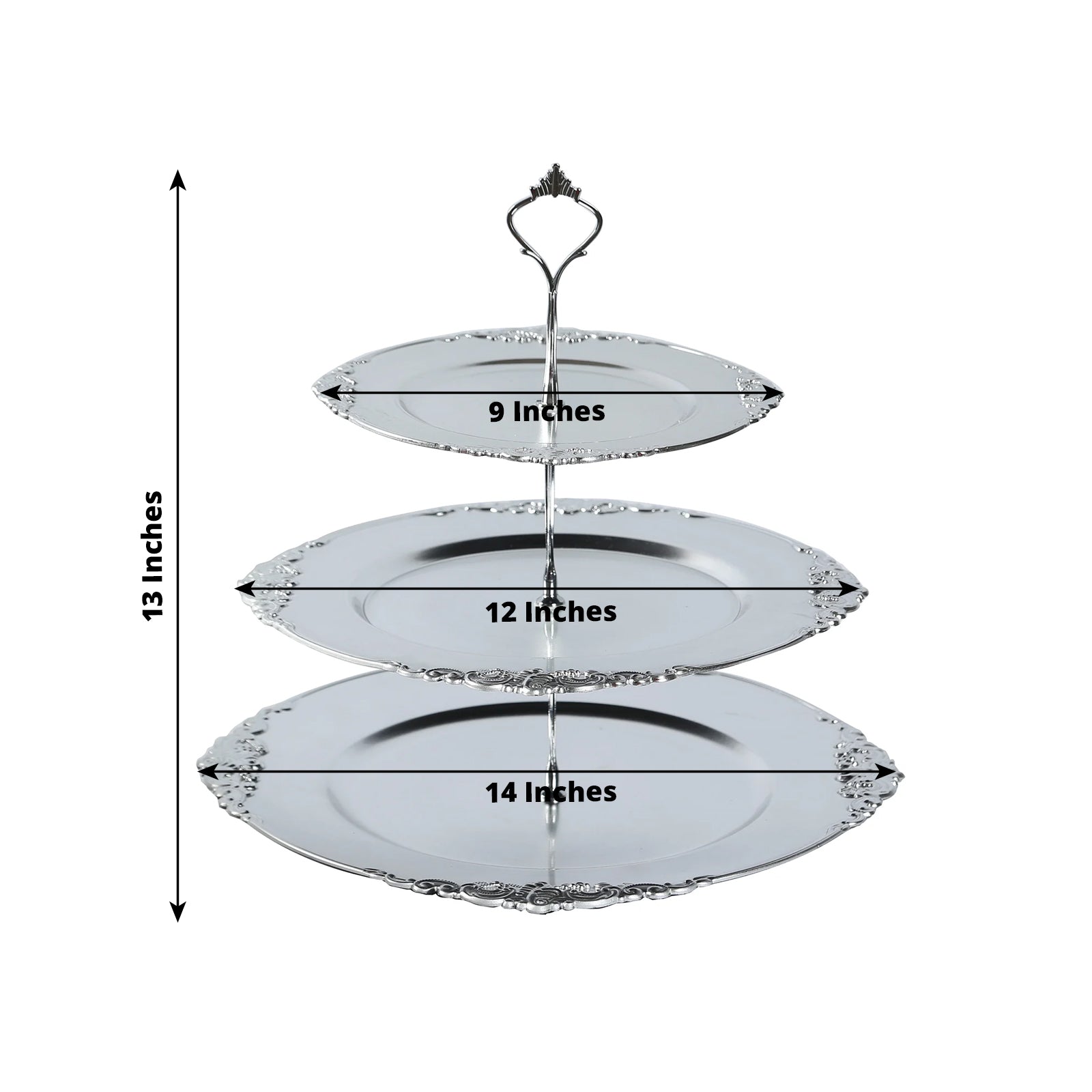 3 - Tier Plastic Round Cupcake Stand Metallic Silver with Baroque Rim & Top Handle 13" - Bell Racket Store
