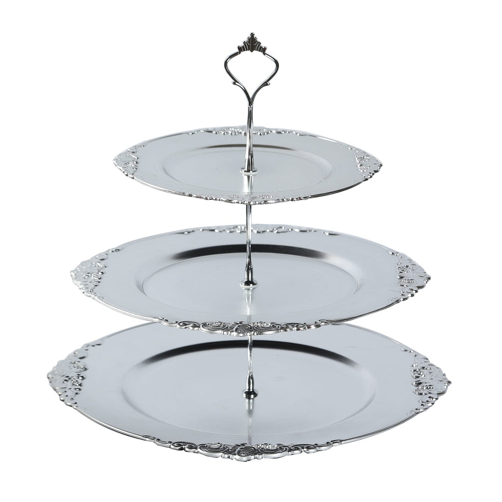 3 - Tier Plastic Round Cupcake Stand Metallic Silver with Baroque Rim & Top Handle 13" - Bell Racket Store