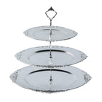 3 - Tier Plastic Round Cupcake Stand Metallic Silver with Baroque Rim & Top Handle 13" - Bell Racket Store