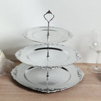 3 - Tier Plastic Round Cupcake Stand Metallic Silver with Baroque Rim & Top Handle 13" - Bell Racket Store