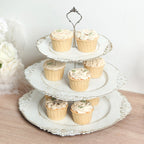 3 - Tier Plastic Round Cupcake Stand Whitewashed with Antique Gold Baroque Rim & Top Handle 13" - Bell Racket Store