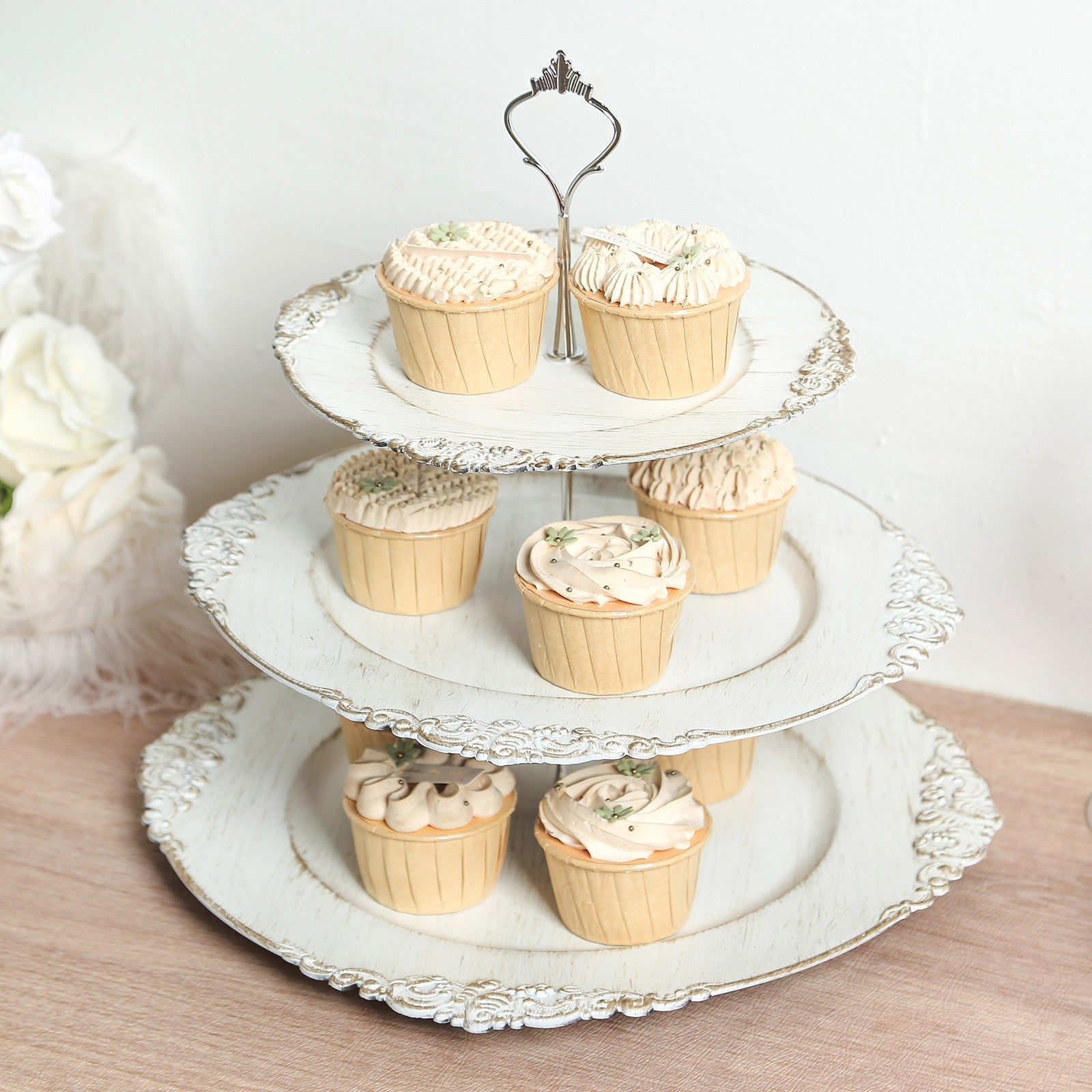 3 - Tier Plastic Round Cupcake Stand Whitewashed with Antique Gold Baroque Rim & Top Handle 13" - Bell Racket Store