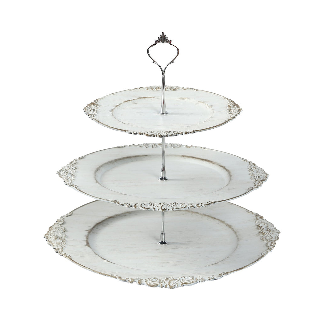 3 - Tier Plastic Round Cupcake Stand Whitewashed with Antique Gold Baroque Rim & Top Handle 13" - Bell Racket Store