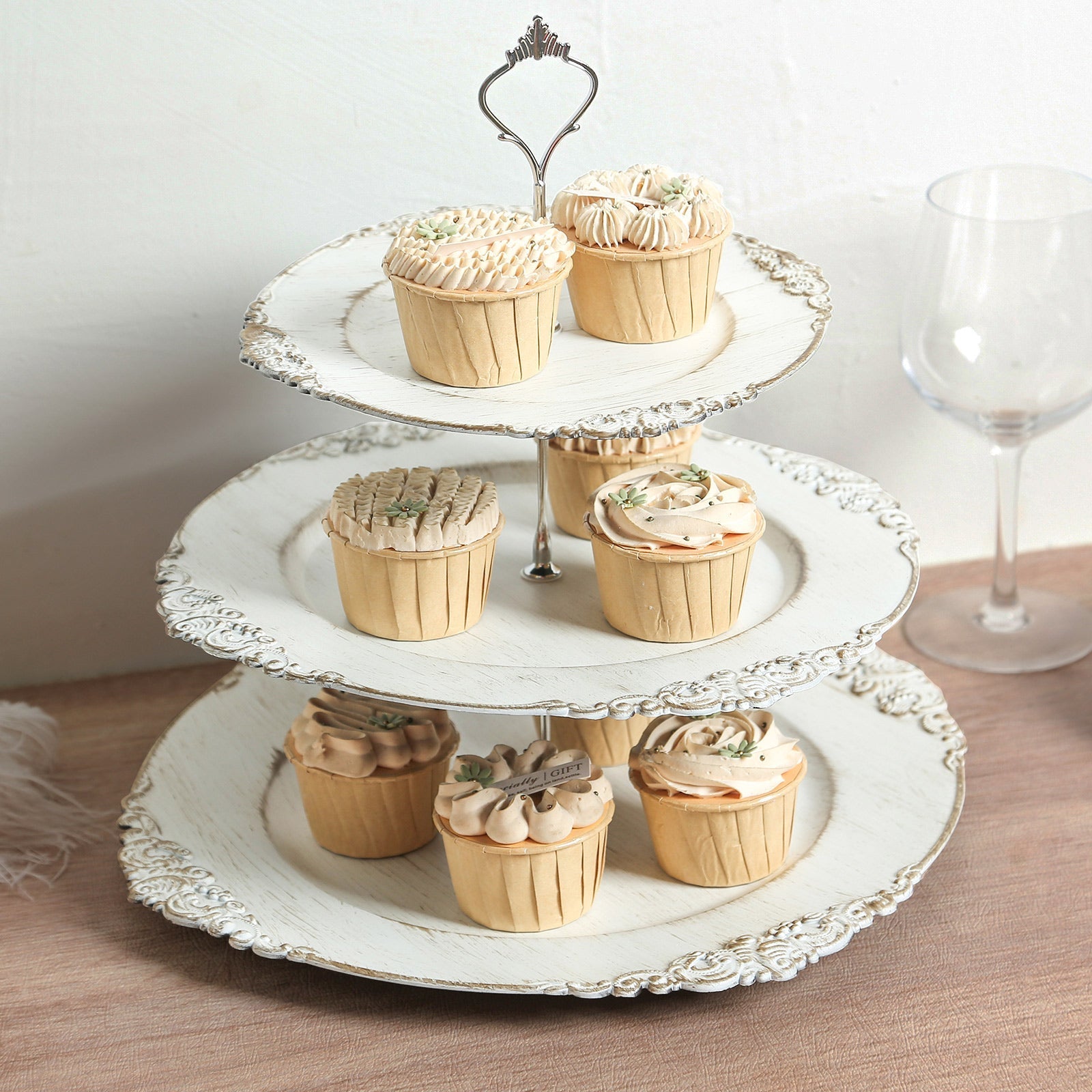 3 - Tier Plastic Round Cupcake Stand Whitewashed with Antique Gold Baroque Rim & Top Handle 13" - Bell Racket Store