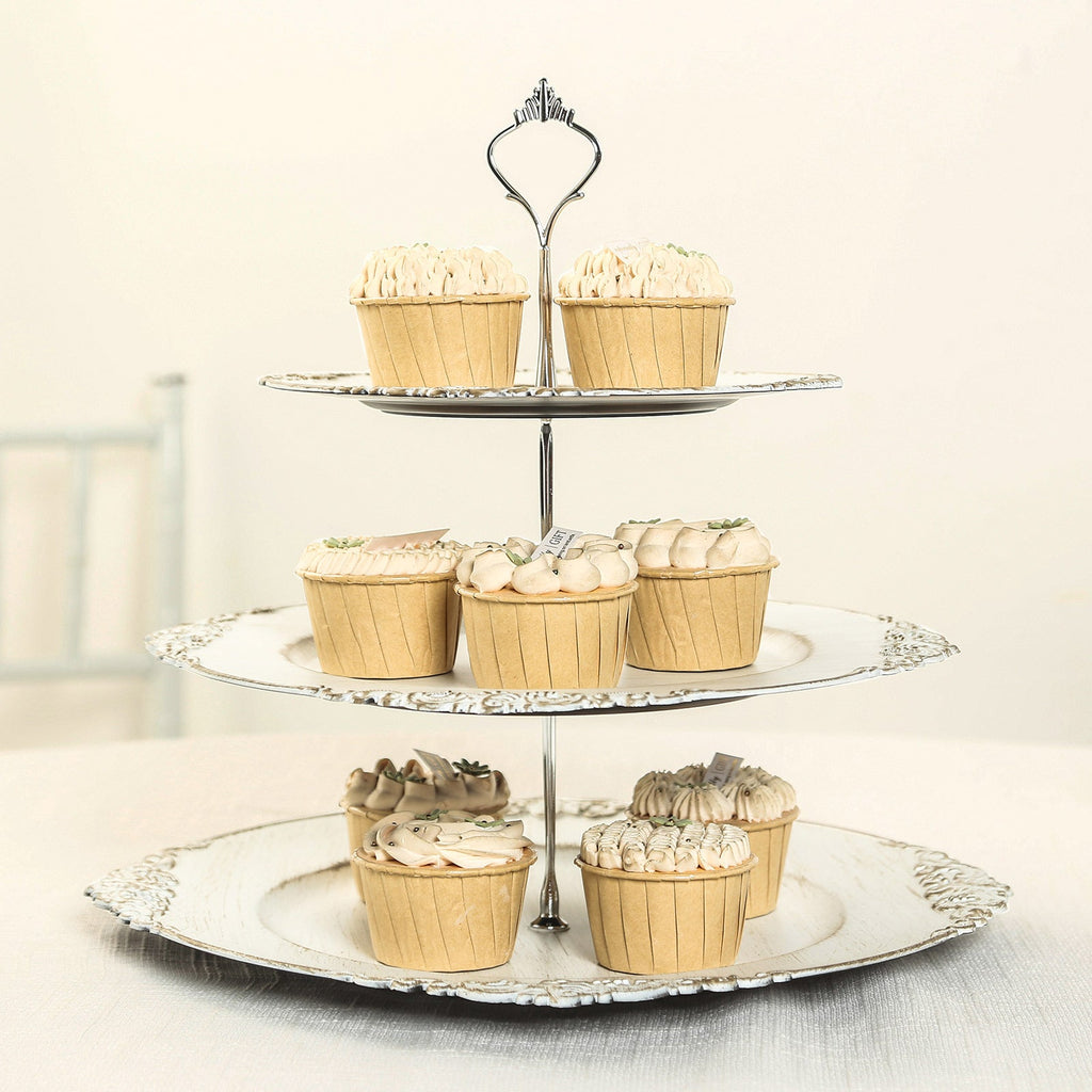 3 - Tier Plastic Round Cupcake Stand Whitewashed with Antique Gold Baroque Rim & Top Handle 13" - Bell Racket Store