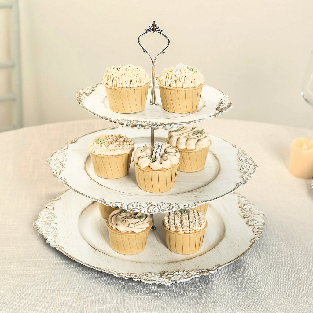 3 - Tier Plastic Round Cupcake Stand Whitewashed with Antique Gold Baroque Rim & Top Handle 13" - Bell Racket Store